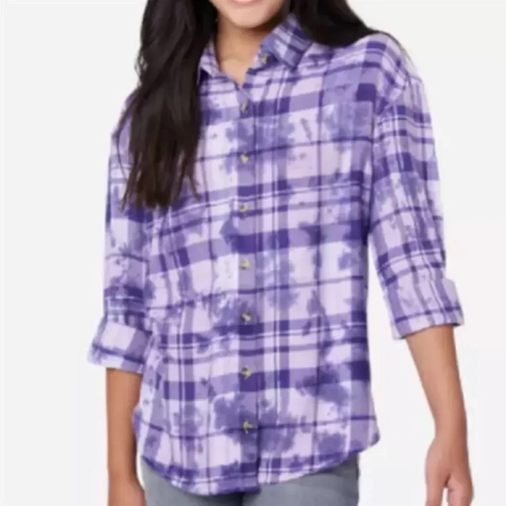🔥Justice Girls Purple Plaid Roll Sleeve Button Down Shirt Sz medium 10 NEW